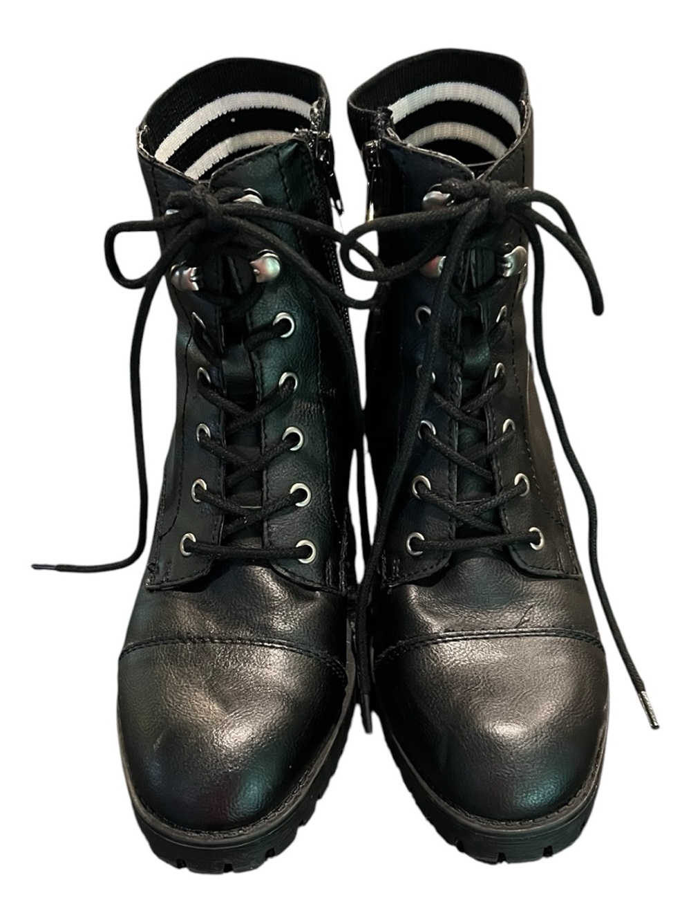 Steve Madden Azure Combat Boots Blk/white Stripe Sock Lug Sole SZ 7 Indie Skater